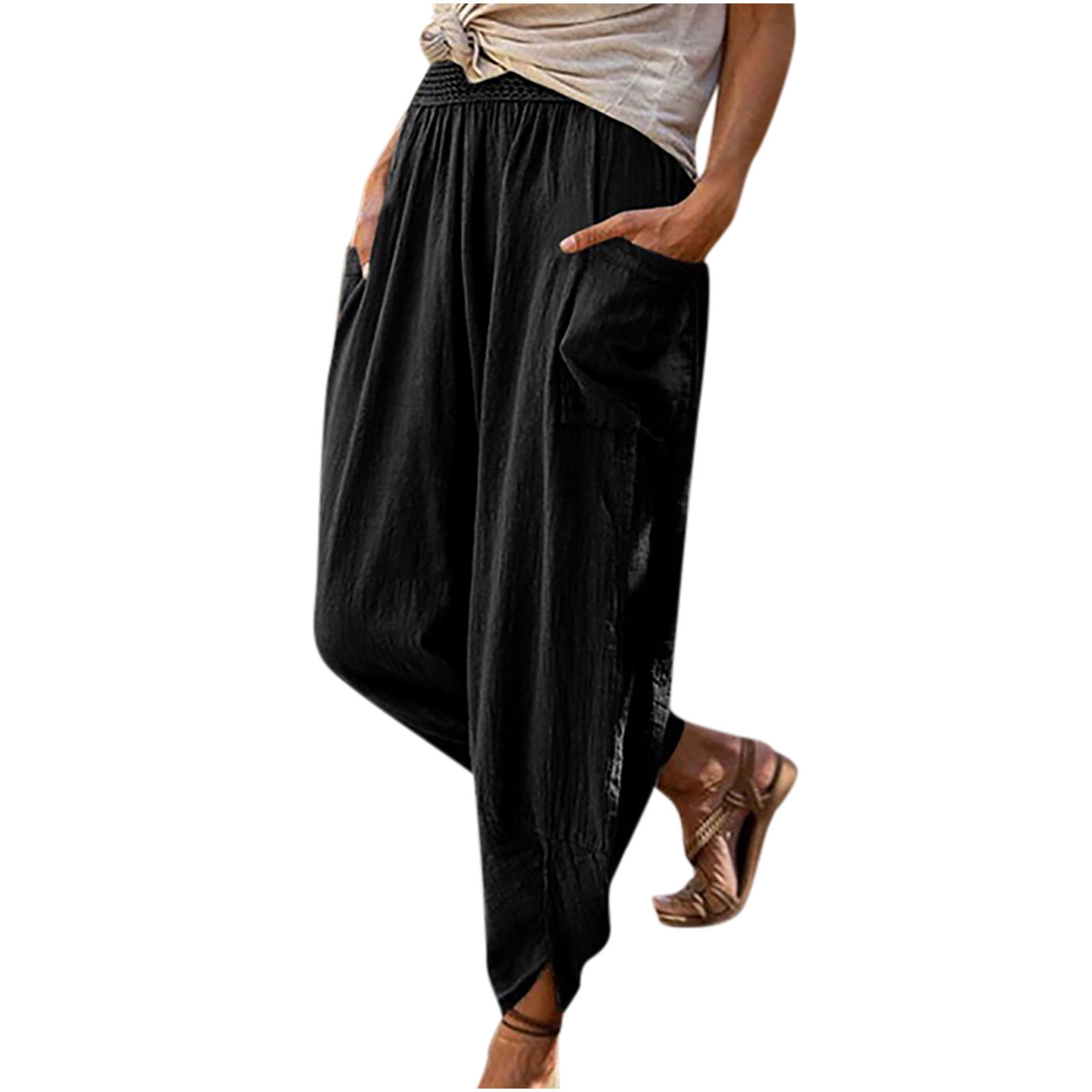 Zpanxa Women's Slacks High Waist Pants Solid Color Elastic Belt Vintage Stylish  Cotton And Linen Double Pockets Waist Wide-Leg Pants Women's Sweatpants  Work Pants - Walmart.com